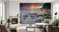 A low sun breaks through clouds above this coastal sunset wall mural