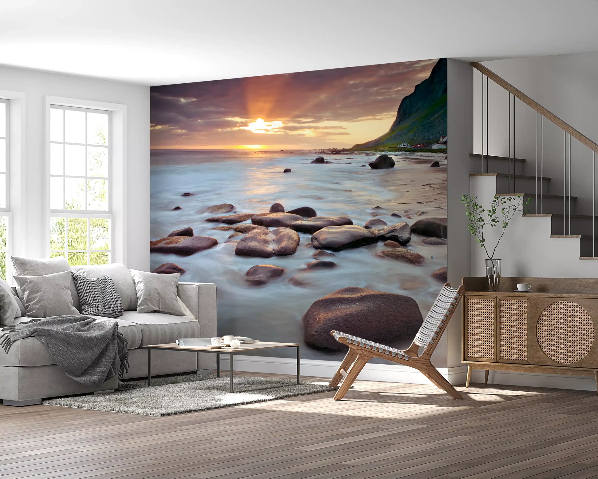 Coastal Sunset Serenity wall mural showing a rocky shore under a glowing sky