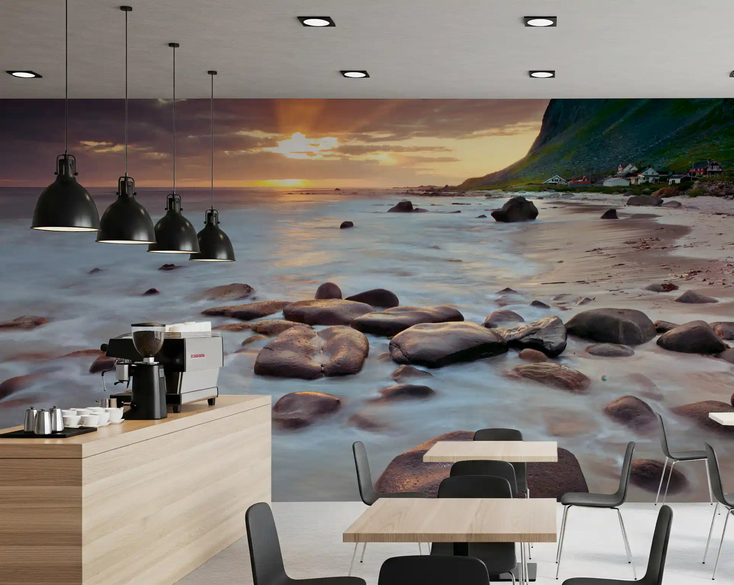 Sunset over the bay turns a Café into a coastal wall mural feature
