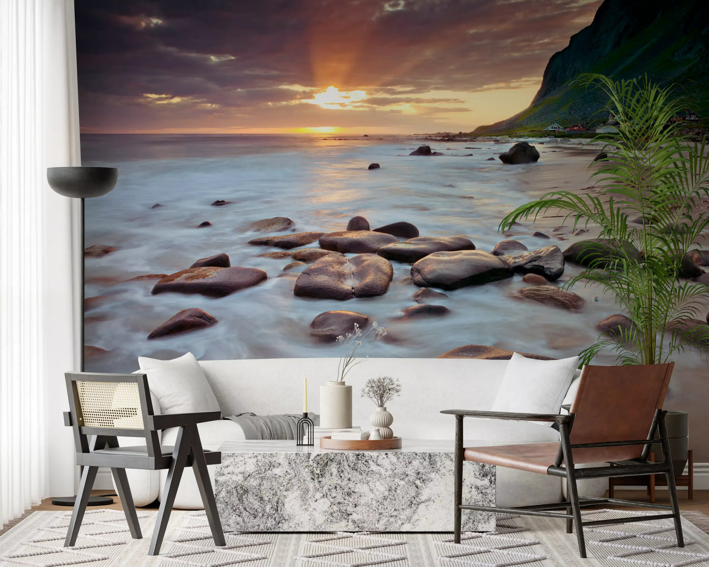 Amber and grey tones balance the mood of this Coastal Sunset wall mural
