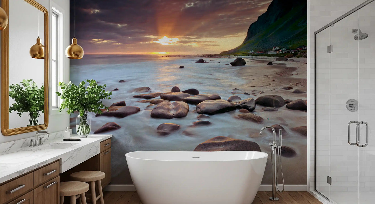Amber and grey tones calm a bathroom with this Coastal Sunset wall mural