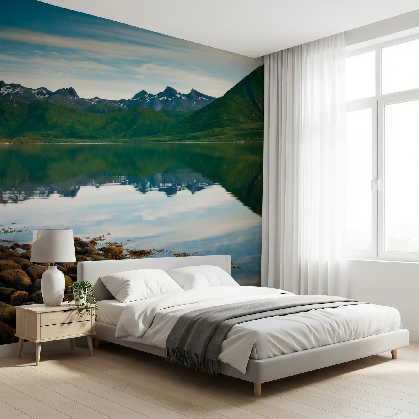 Reflected mountains spread the full width of this Emerald Peaks wall mural.