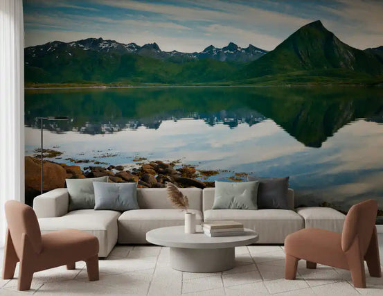Emerald Peaks Mirror Waters wall mural sets a calm mood in a bright living room.