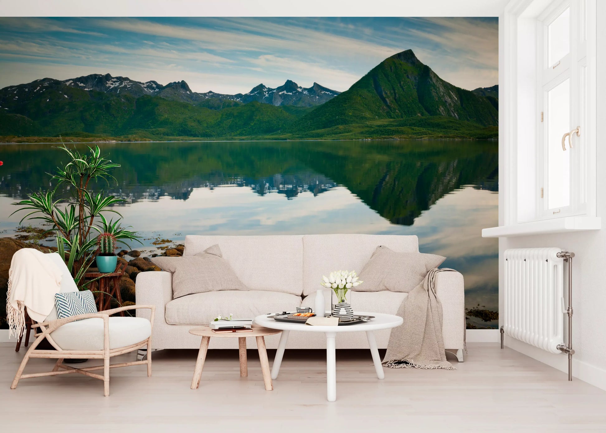 A calm blue sky meets green ridges in the Emerald Peaks Mirror Waters wall mural.