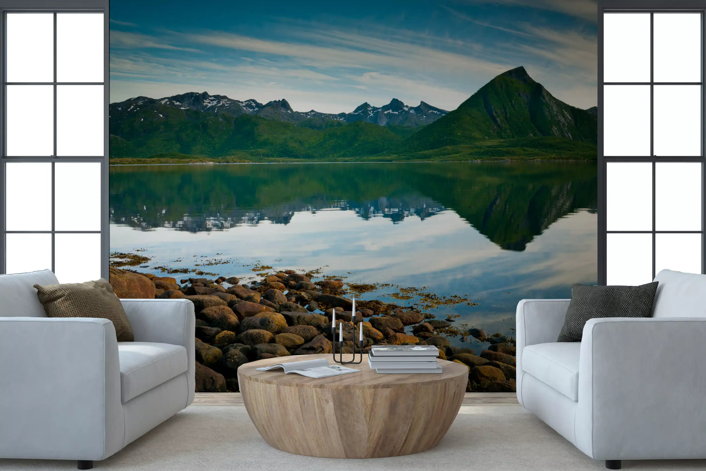 Snow-capped peaks calm a quiet Living room behind the Emerald Peaks wall mural.