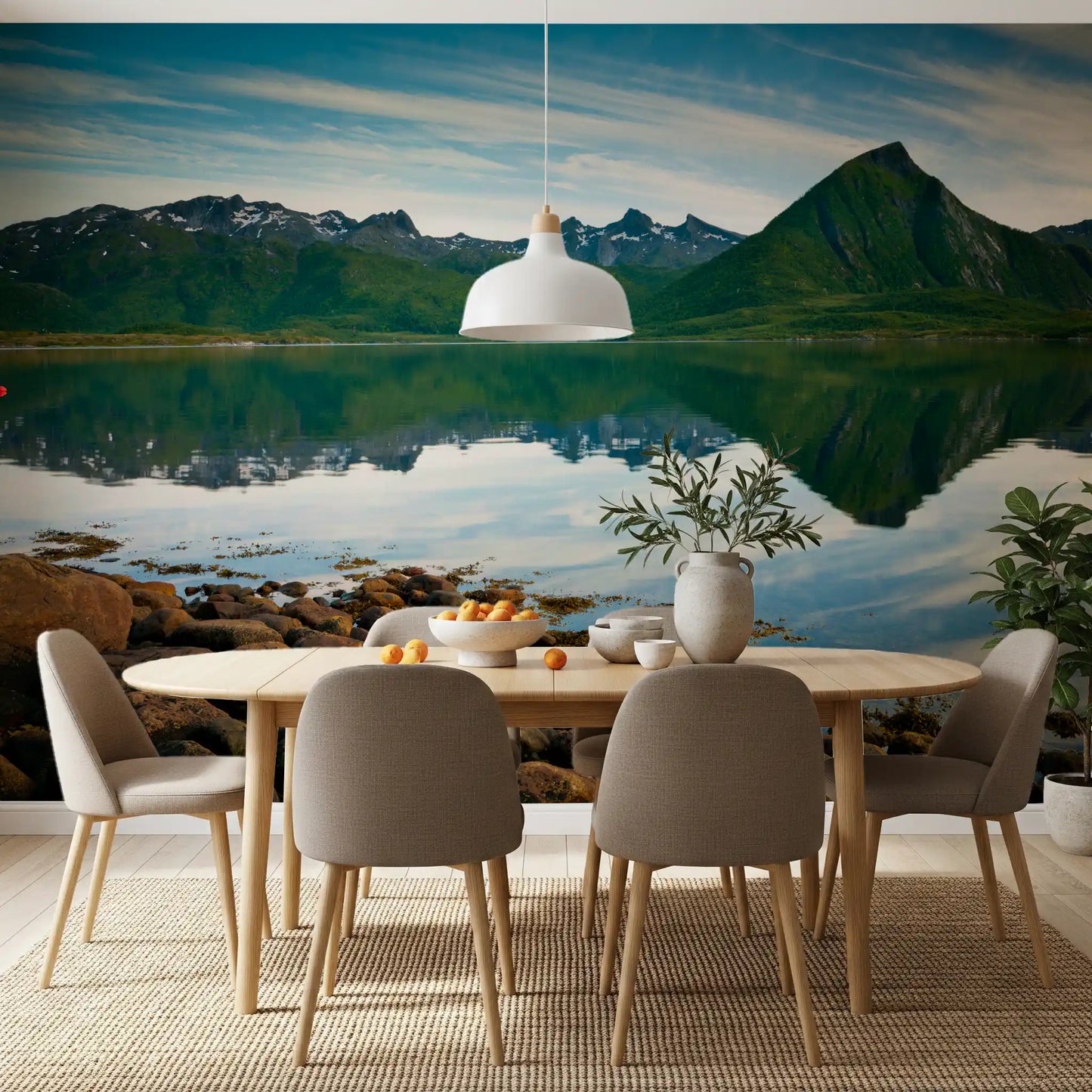 Emerald Peaks Mirror Waters wall mural showing green hills mirrored in still water.