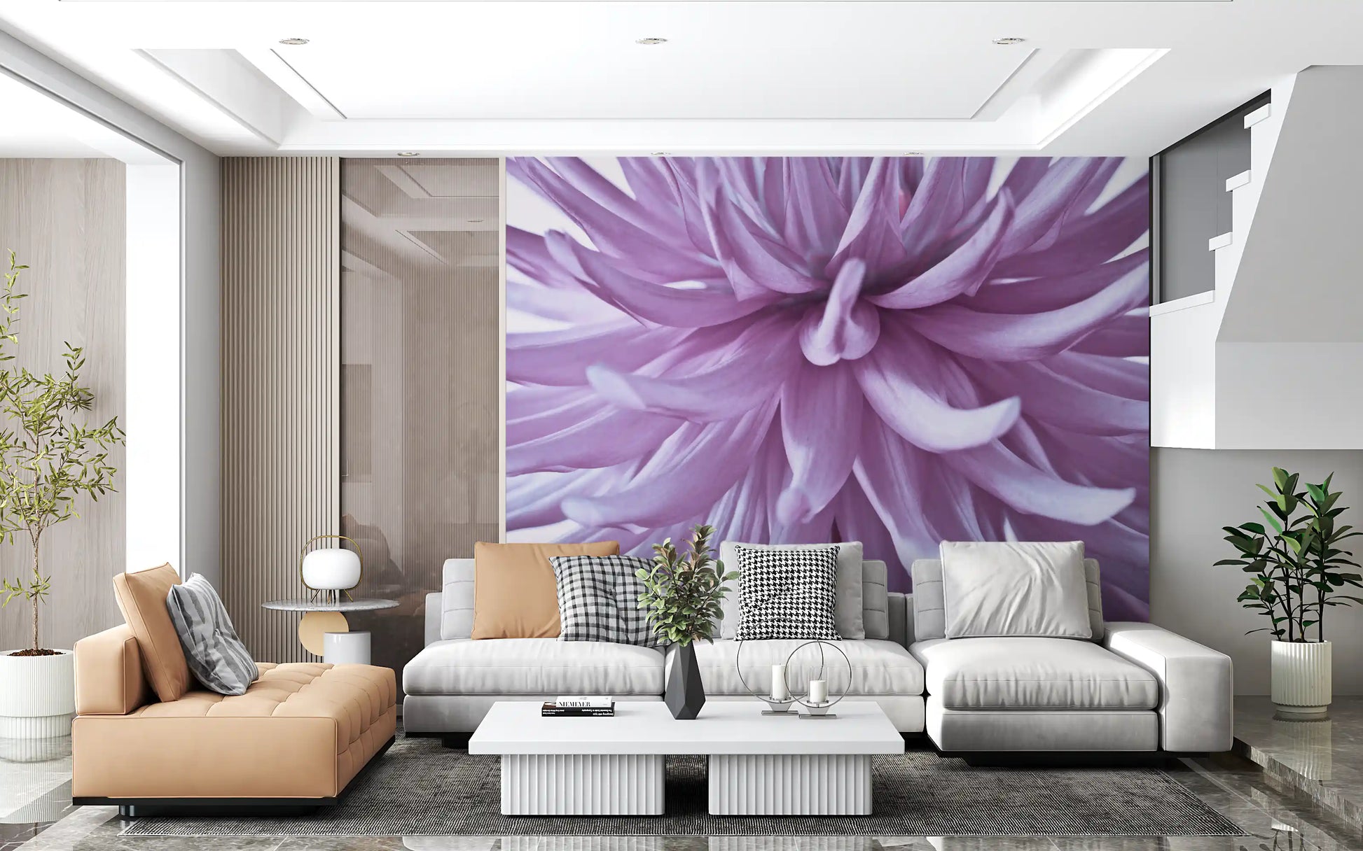 Lilac Bloom wall mural gives an open lounge a calm purple focus