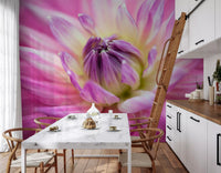 A dining room glows with magenta and cream as the blossom wall mural takes focus.