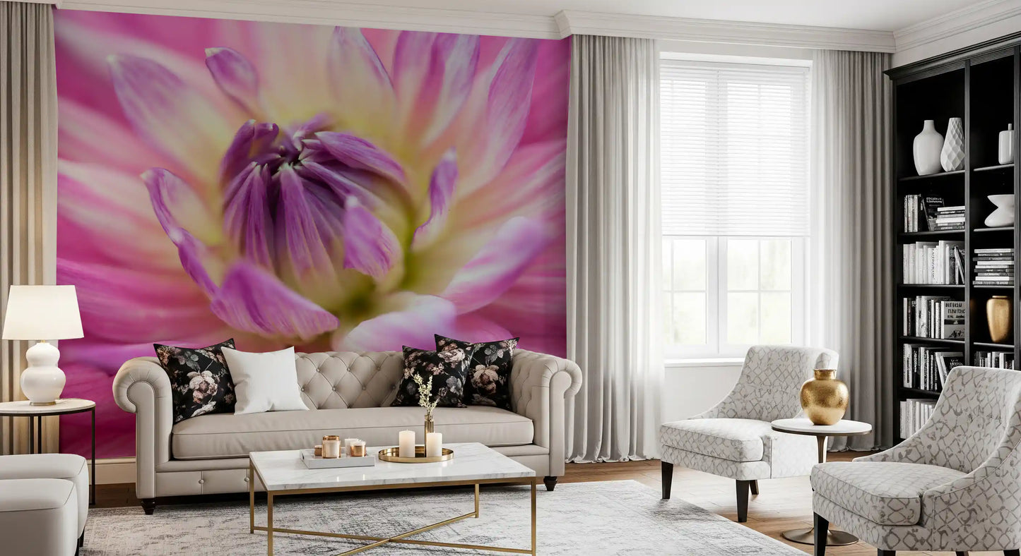 Folded inner buds cluster at the very middle of the dahlia blossom wall mural.