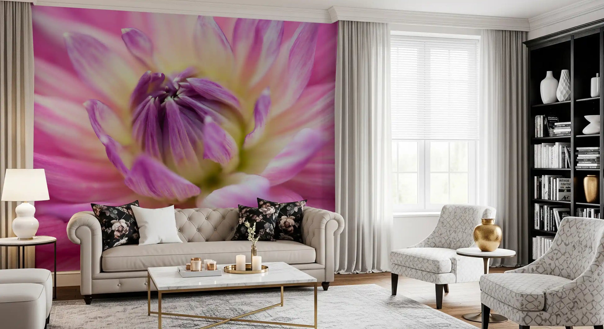 Folded inner buds cluster at the very middle of the dahlia blossom wall mural.