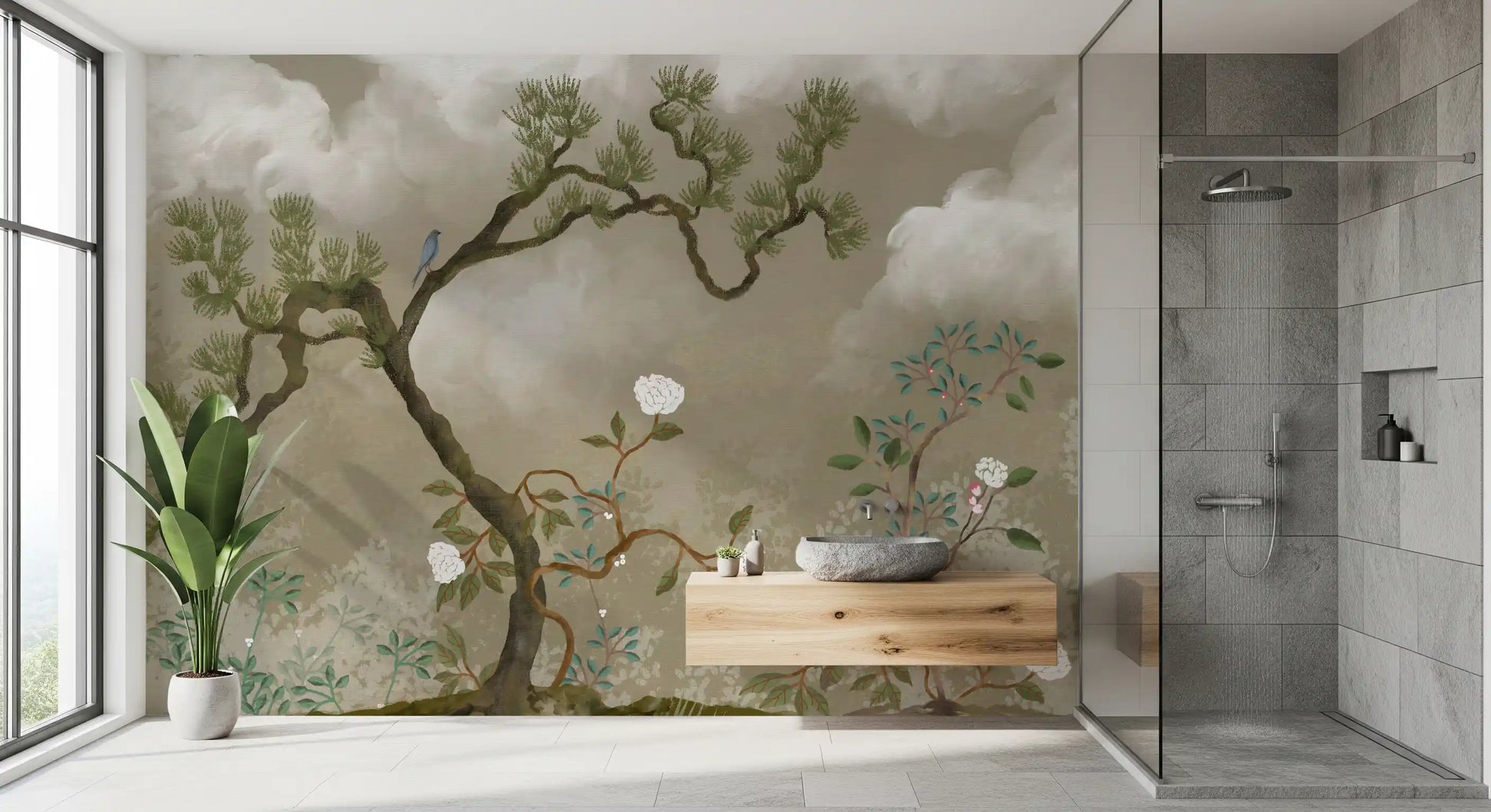 Quiet bathroom feel in a home office with the chinoiserie blossom wall mural