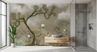 Quiet bathroom feel in a home office with the chinoiserie blossom wall mural