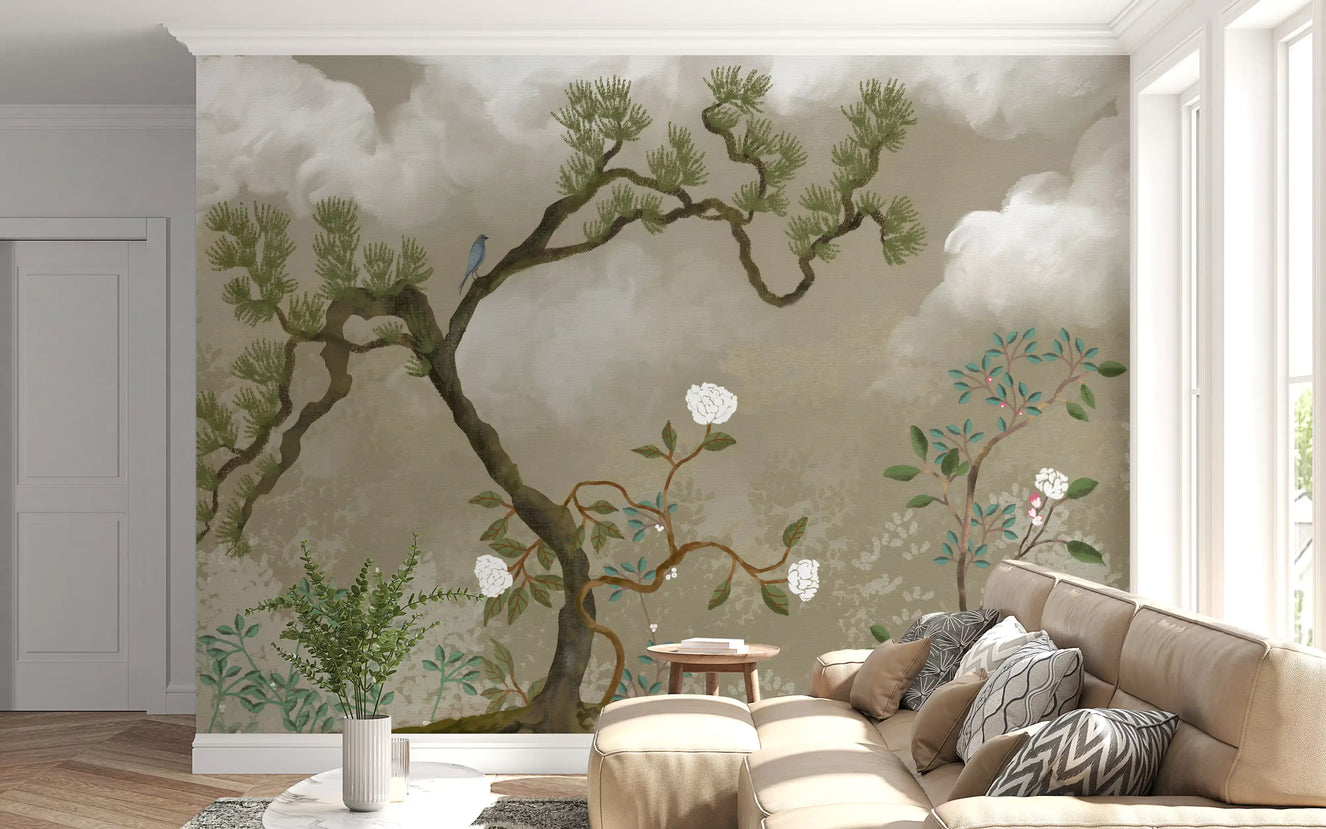 Tranquil Chinoiserie Pine & White Blossom Garden Wall Mural