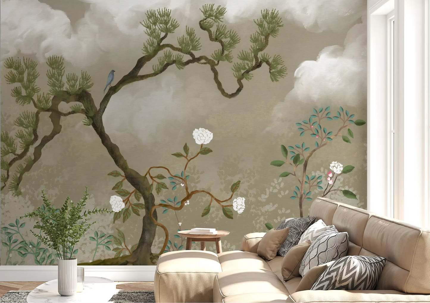 Living room with the chinoiserie pine wall mural, bluebird perched among green branches
