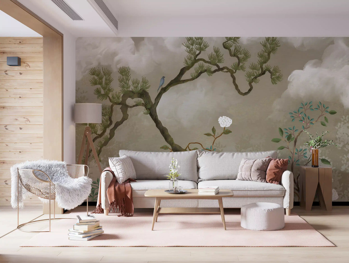 Wide pine and peony scene on the wall mural within a lounge setting