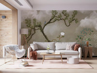 Wide pine and peony scene on the wall mural within a lounge setting