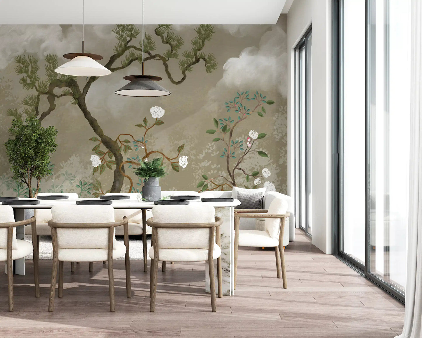 Round white peony blooms trailing along thin stems on the chinoiserie wall mural