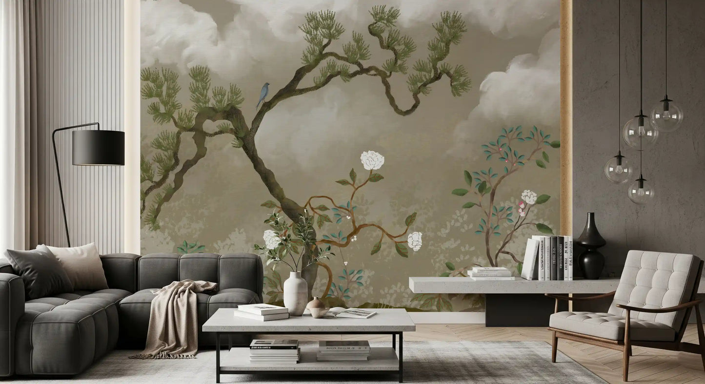 Along a hallway, the pine and bird wall mural keeps a gentle botanical theme