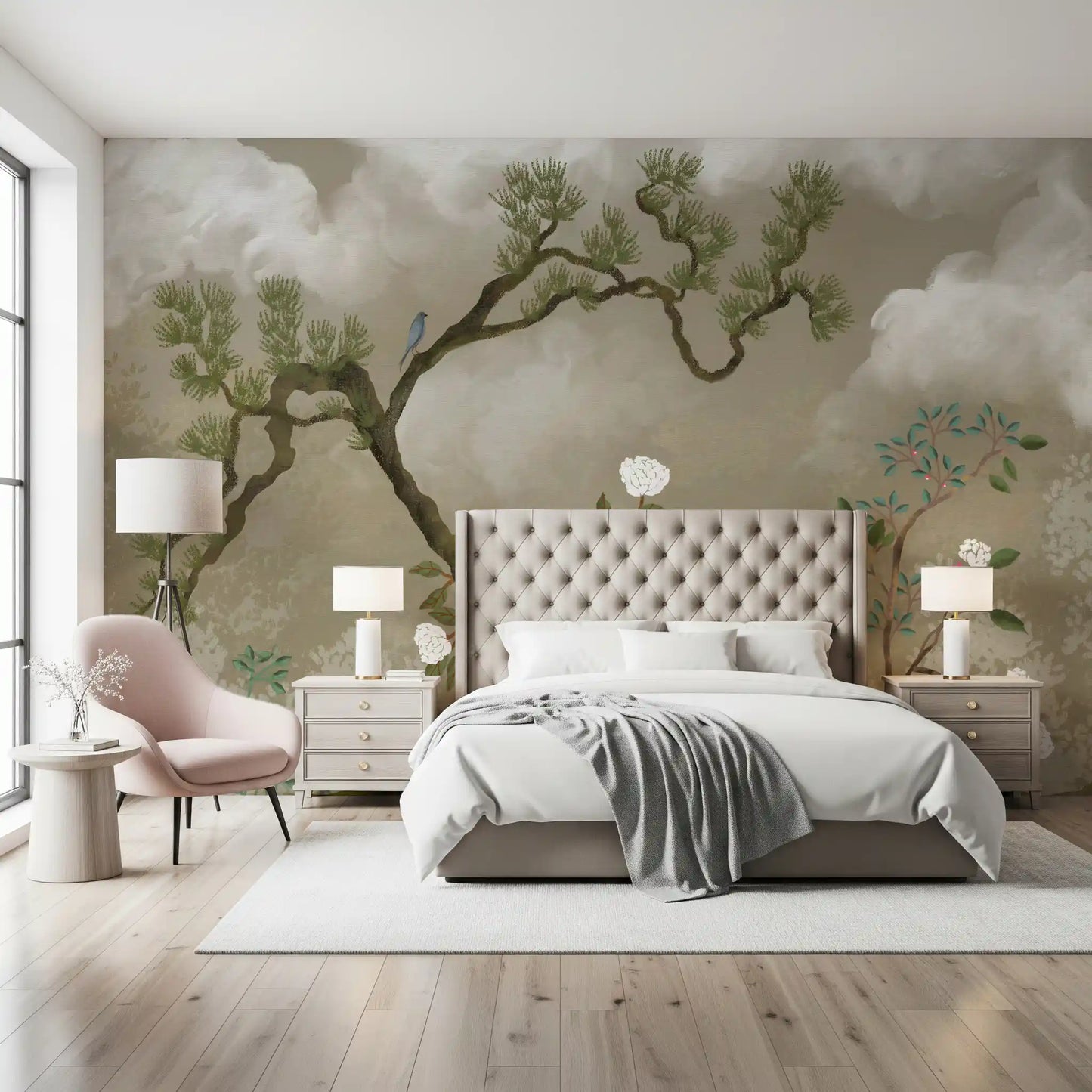 Turquoise-leaved vines weaving between the blooms within this botanical wall mural
