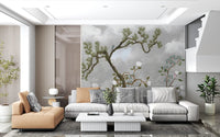 Twisting chinoiserie pine climbing through grey mist on the wall mural
