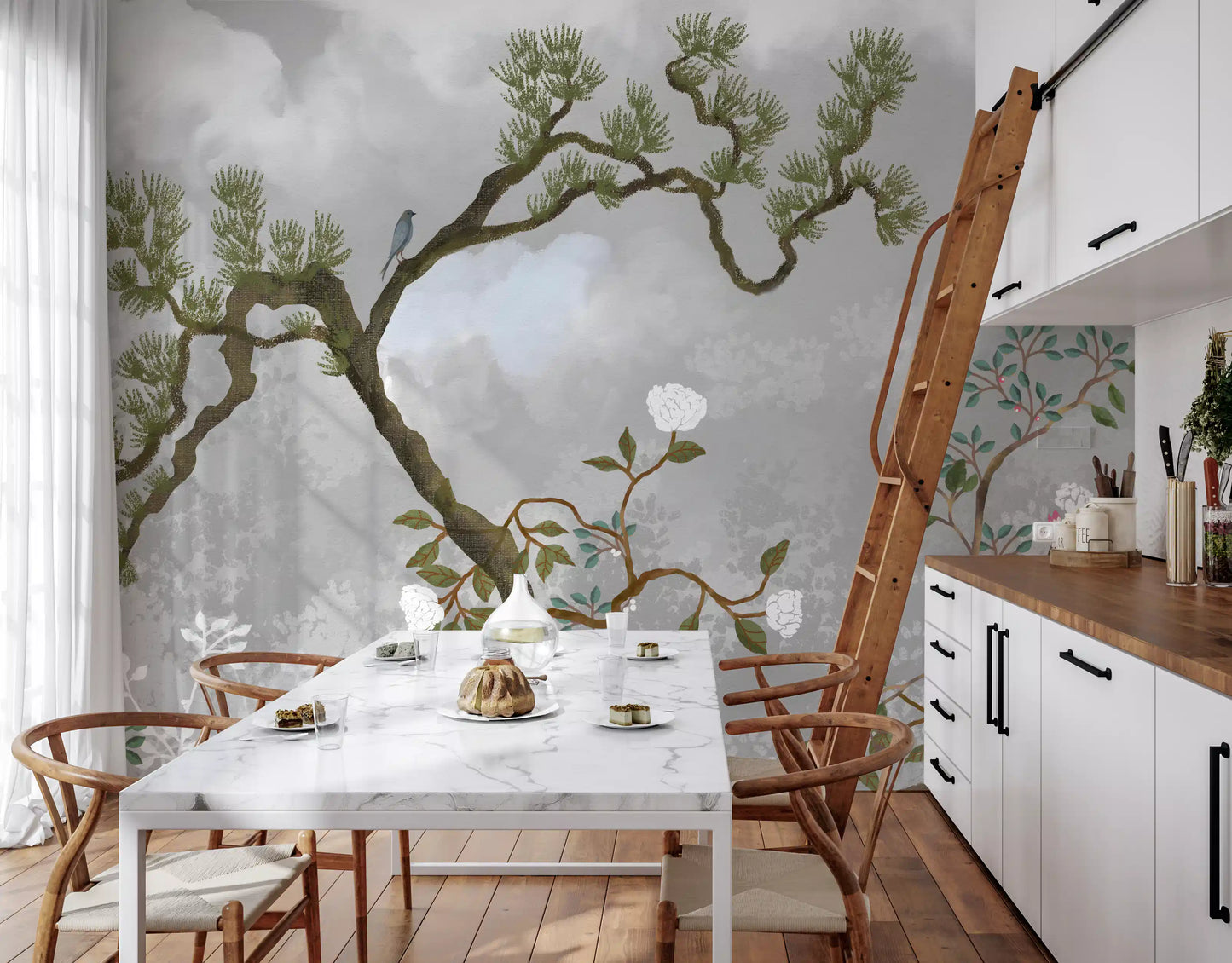 Perched blue bird on a curved limb of the chinoiserie pine wall mural