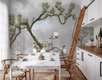Perched blue bird on a curved limb of the chinoiserie pine wall mural