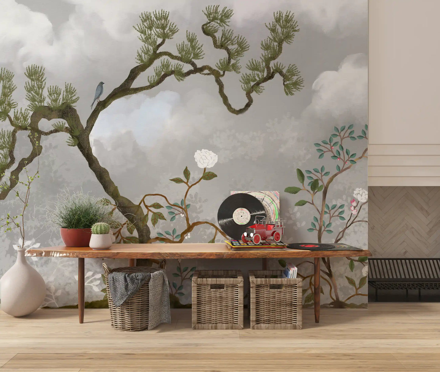 Lounge backdrop made from cloud, twisting pine and bloom wall mural