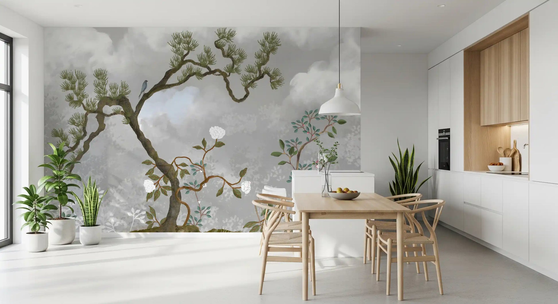 Faded botanical outlines drifting behind the pine on this wall mural