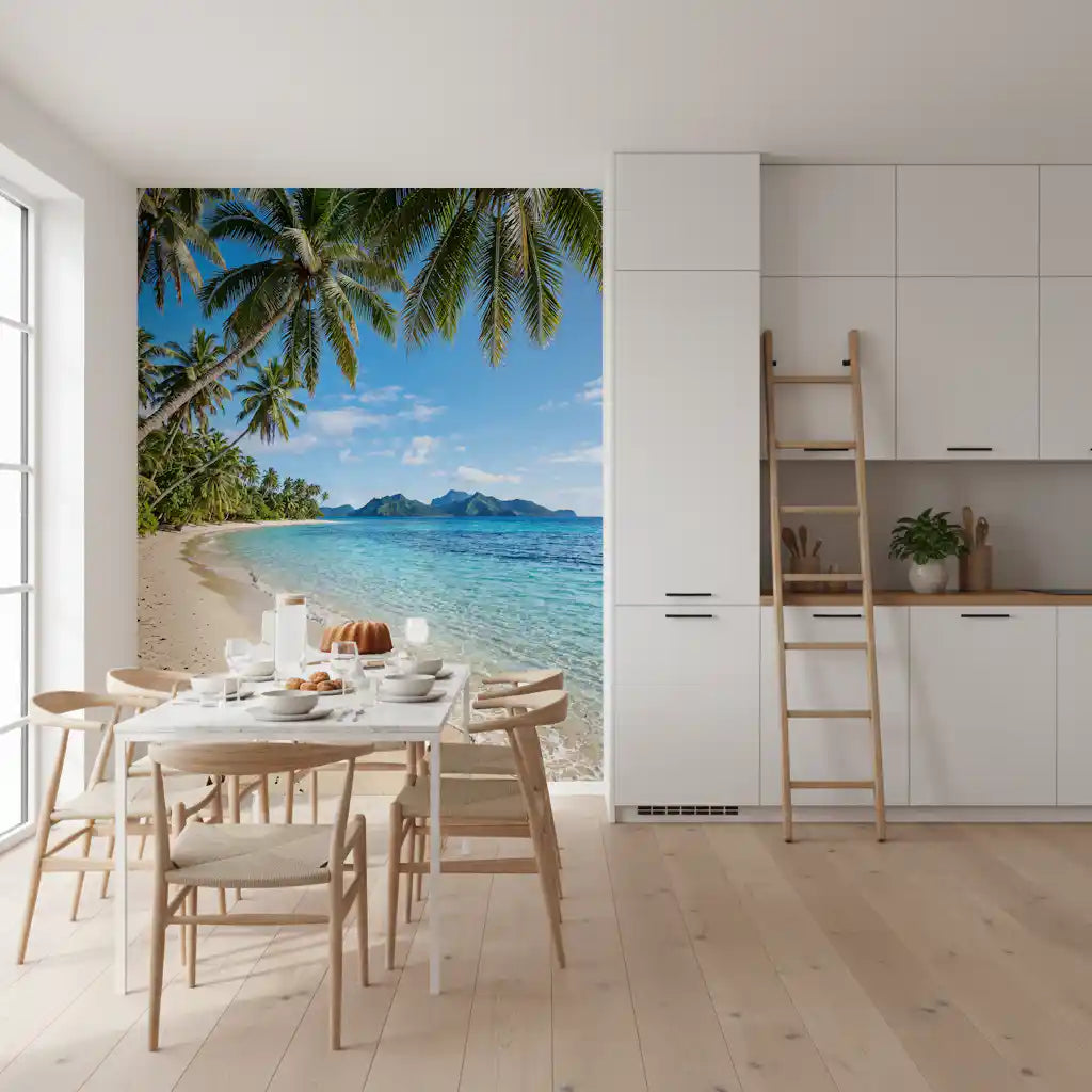 Open kitchen-dining areas feel wider beside the Tropical Beachside Serenity wall mural