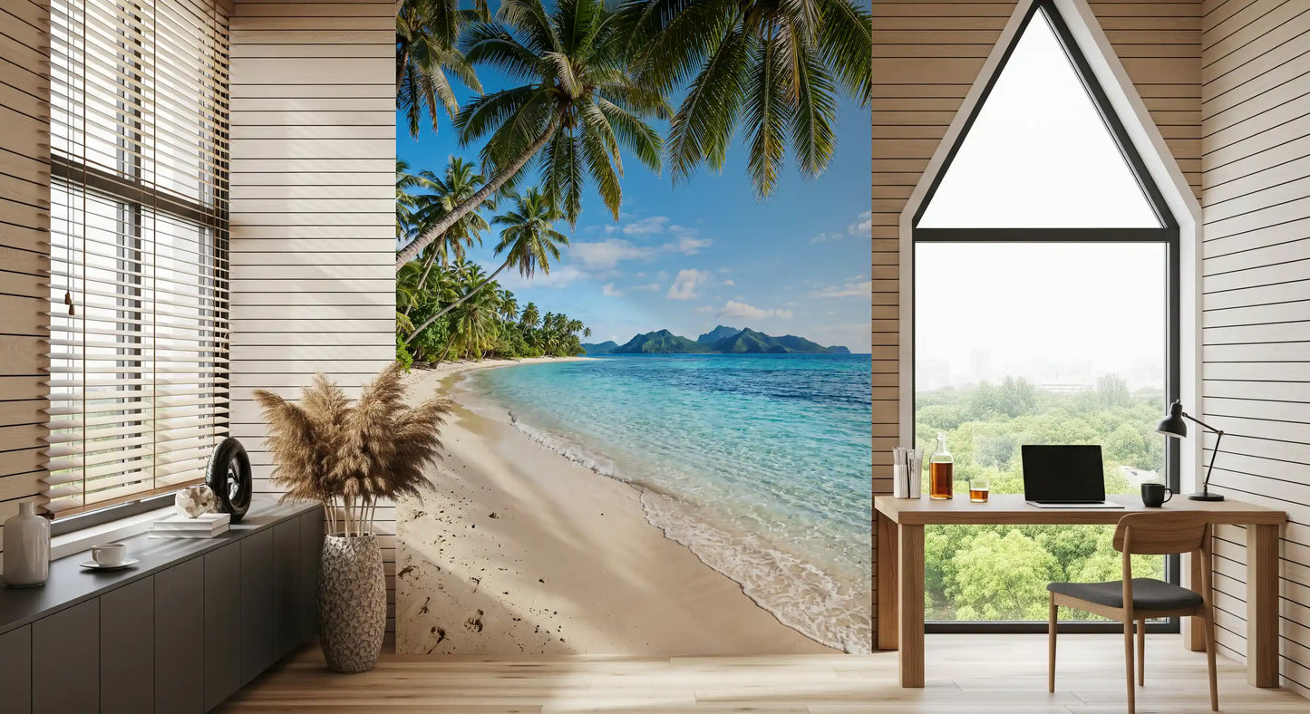Coconut palms and clear water from the Beachside Serenity wall mural ease a quiet Study room 