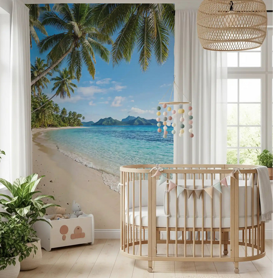 Tropical Beachside Serenity wall mural opens a coastal view in a calm nursery