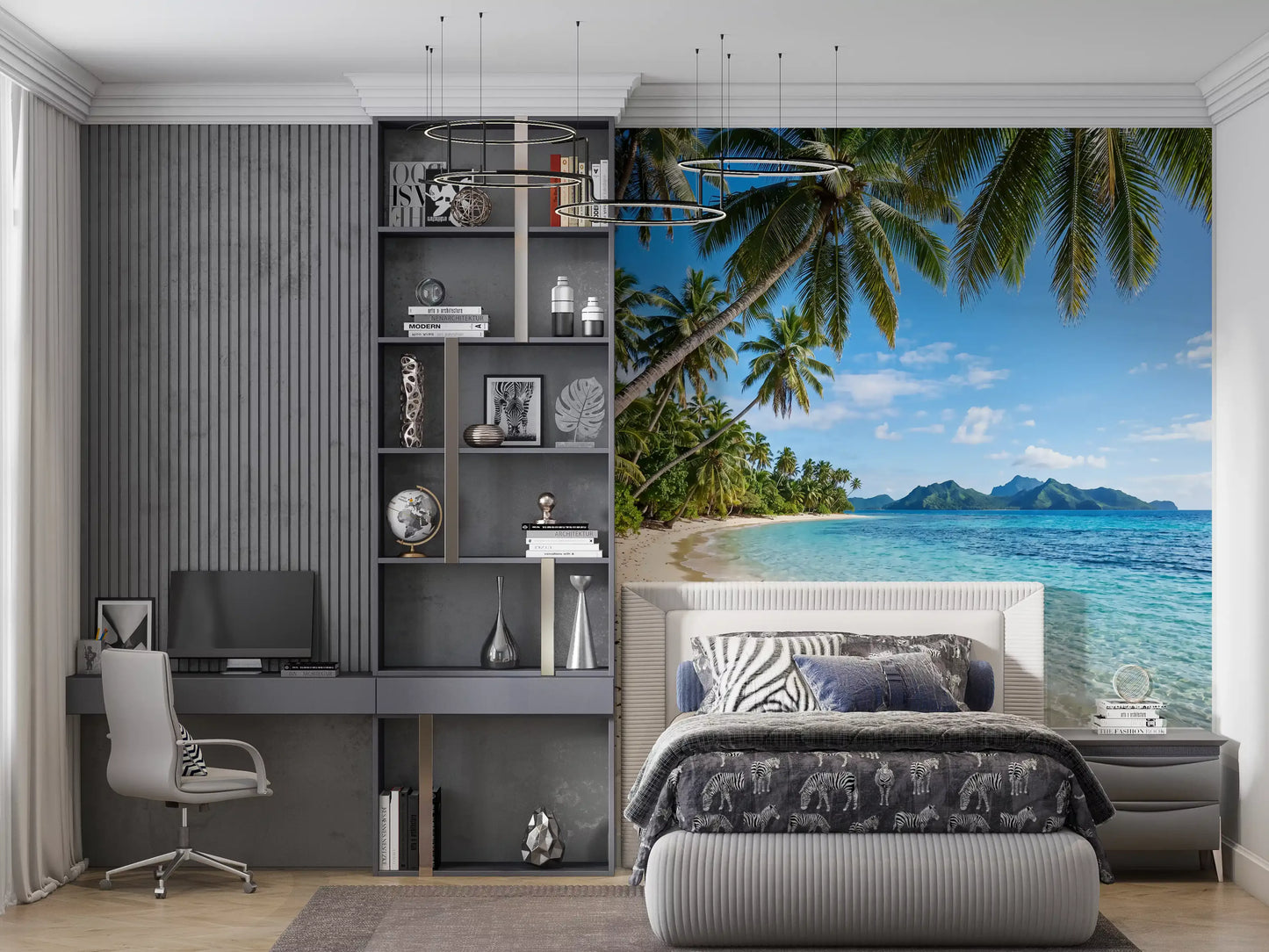 Leaning palm trunks arch over a curved shoreline in the Beachside Serenity wall mural