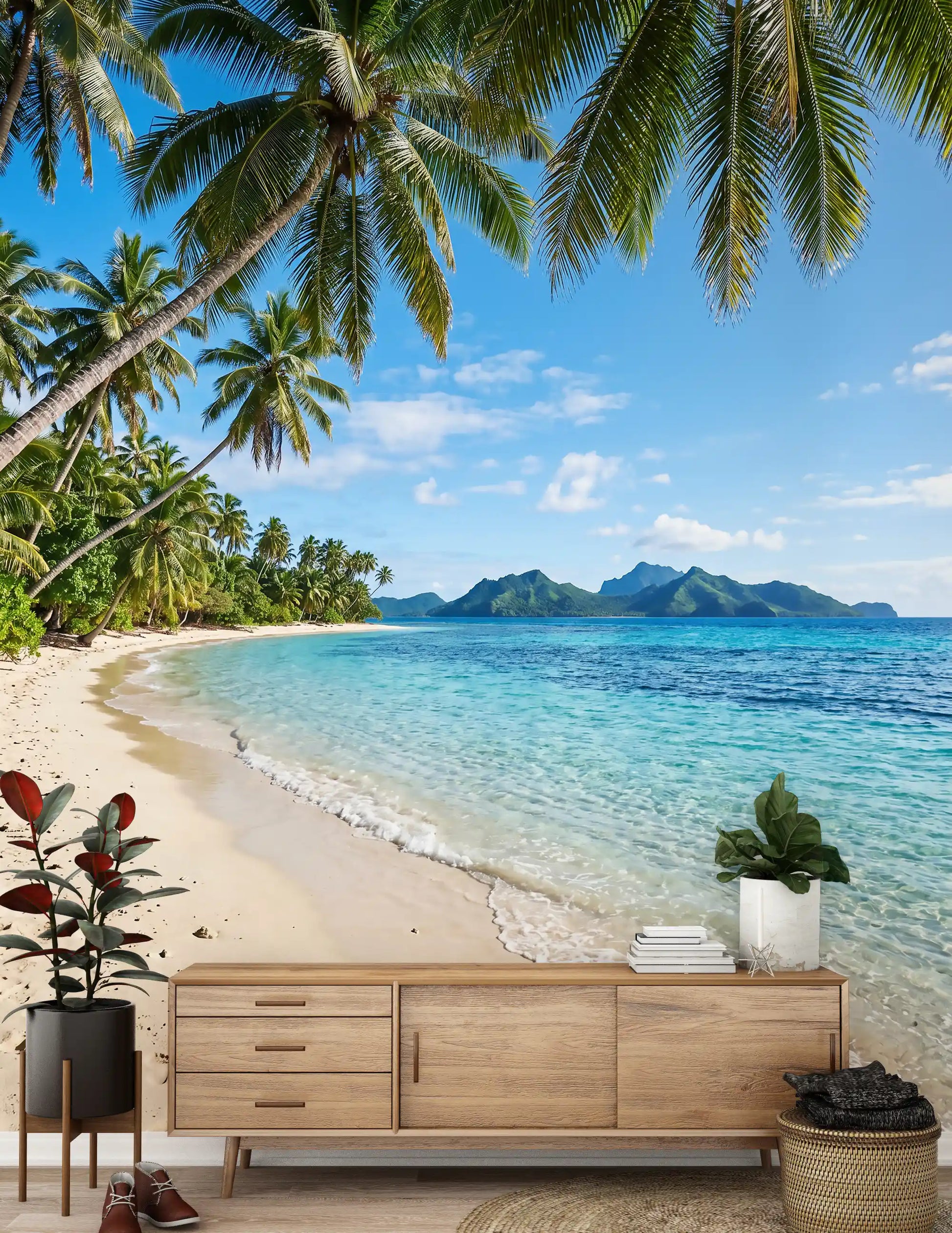 Sea blues calm a living backdrops area  as the Tropical Beachside wall mural widens the view