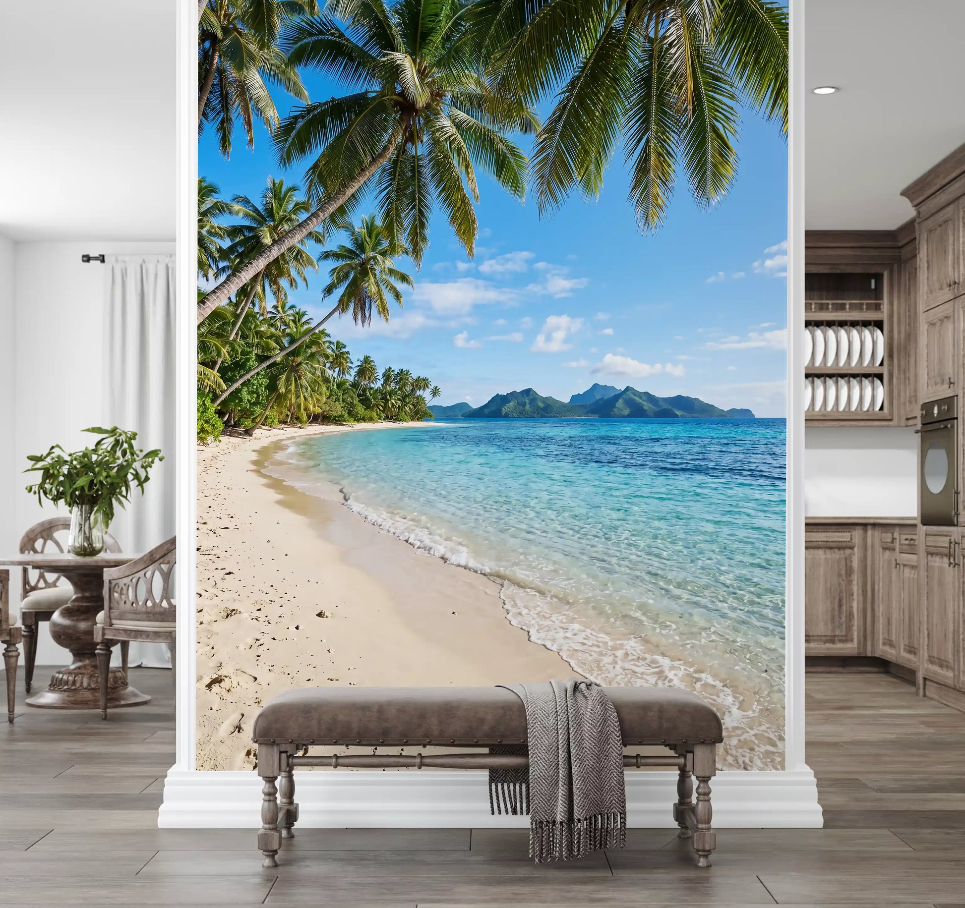 Hallway space stays calm where the Tropical Beachside wall mural meets natural palm light