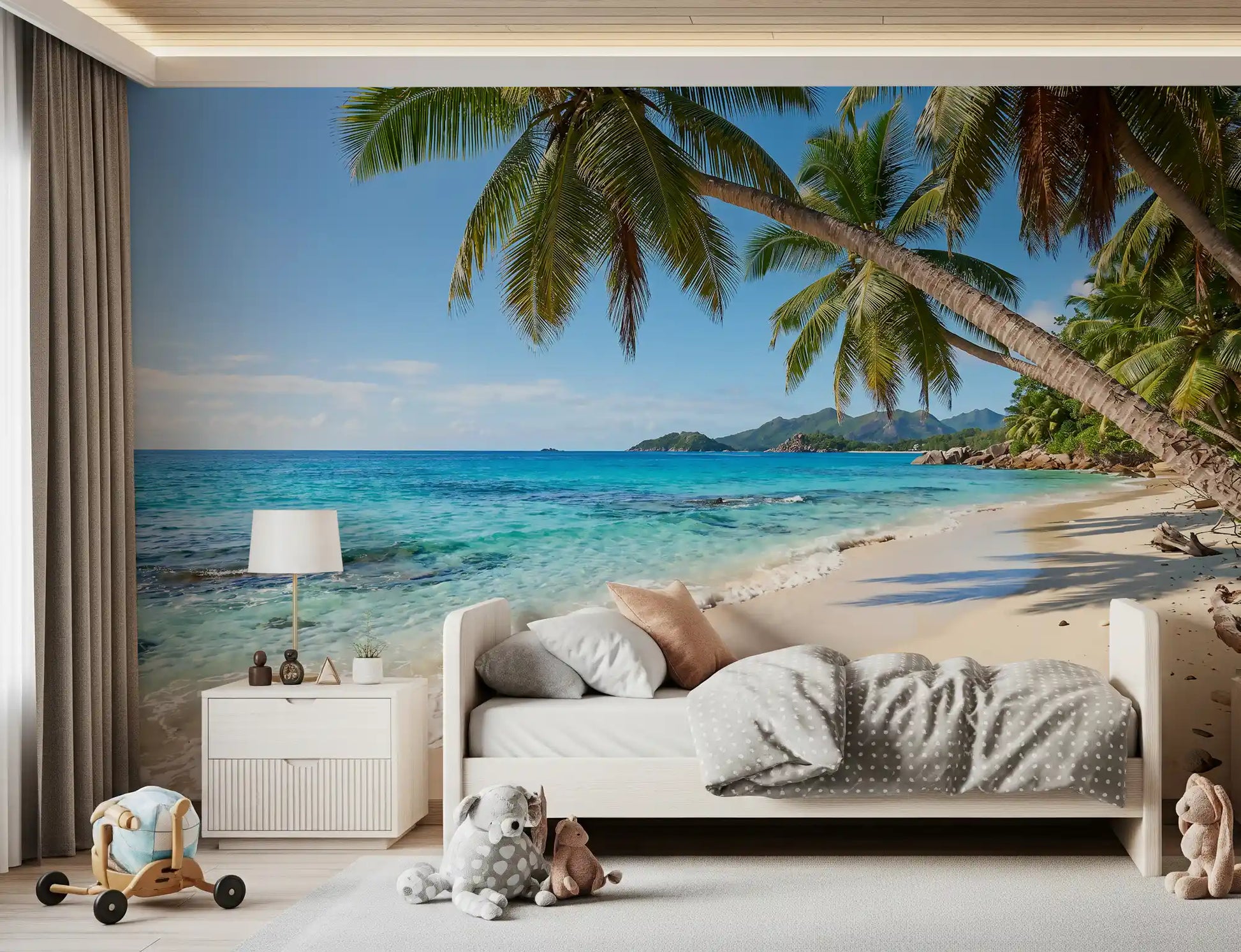 Loose pebbles scatter near the waterline of the Tropical Beach Paradise wall mural