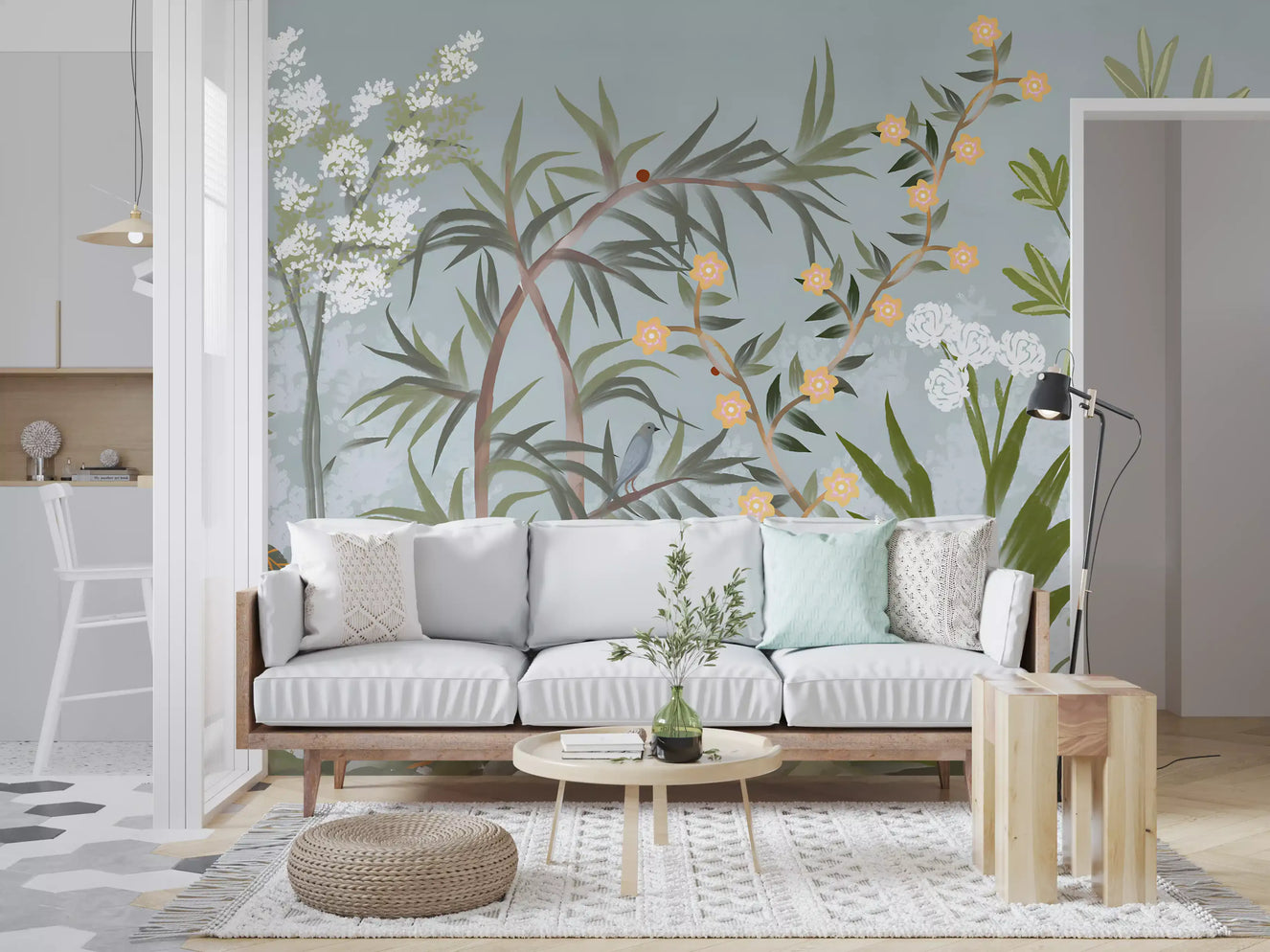 chinoiserie, japanese style, oriental, crane birds, pine trees, white florals, blossom, clouds, sky, forest, nature, serene, elegant, vintage inspired, asian art, botanical, delicate,  Wall Mural
