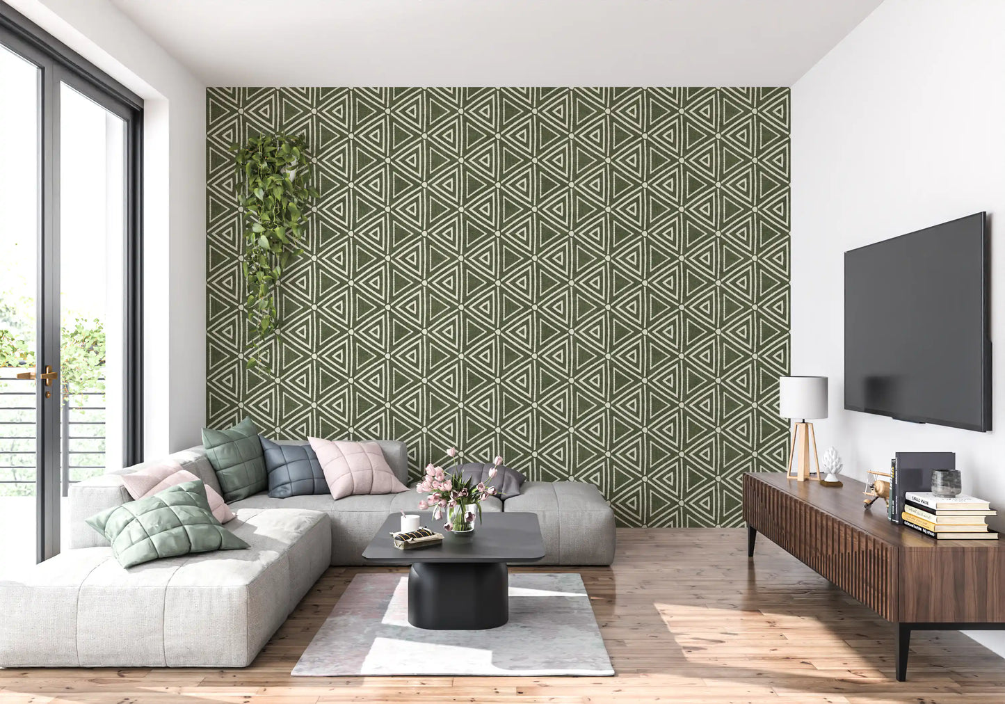 Textured Mudcloth Geometric Triangles Boho Moss Green Wallpaper⁠