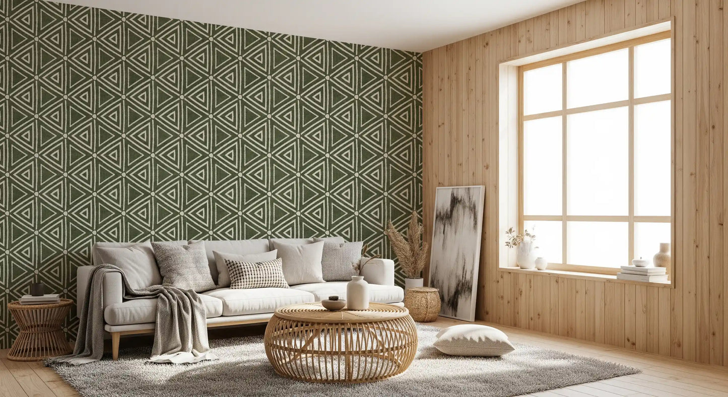 Textured Mudcloth Geometric Triangles Boho Moss Green Wallpaper⁠