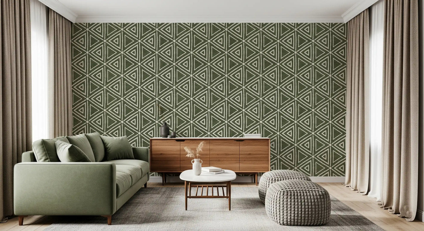 Textured Mudcloth Geometric Triangles Boho Moss Green Wallpaper⁠