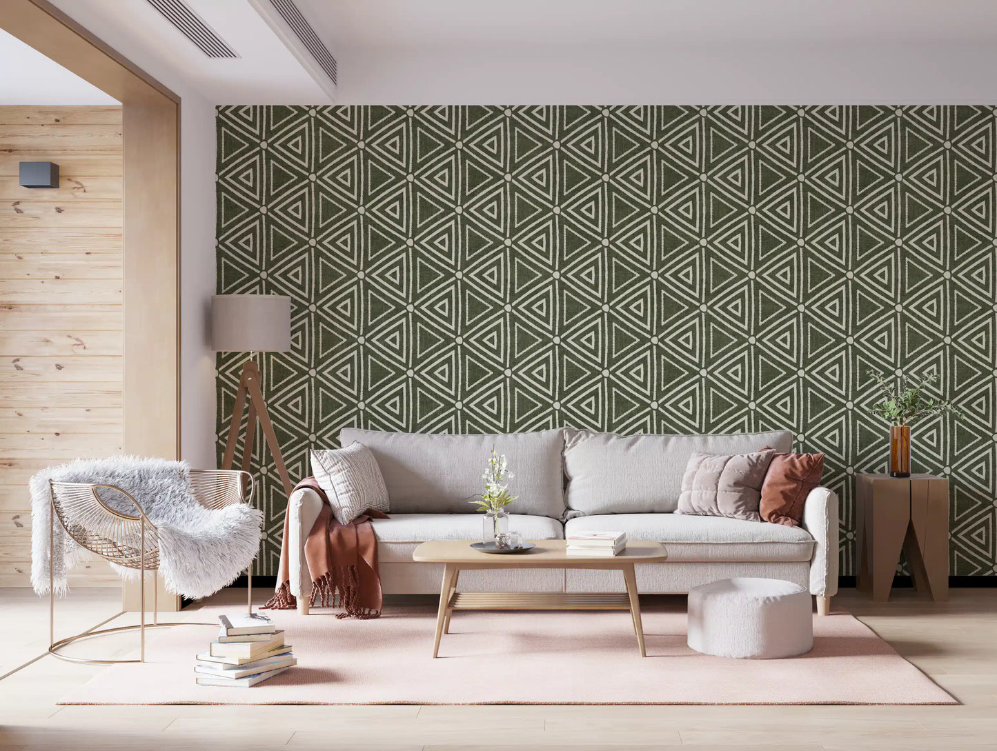Textured Mudcloth Geometric Triangles Boho Moss Green Wallpaper⁠