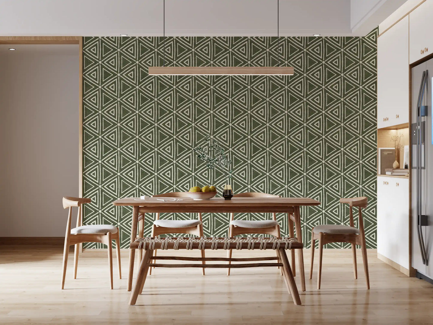 Textured Mudcloth Geometric Triangles Boho Moss Green Wallpaper⁠