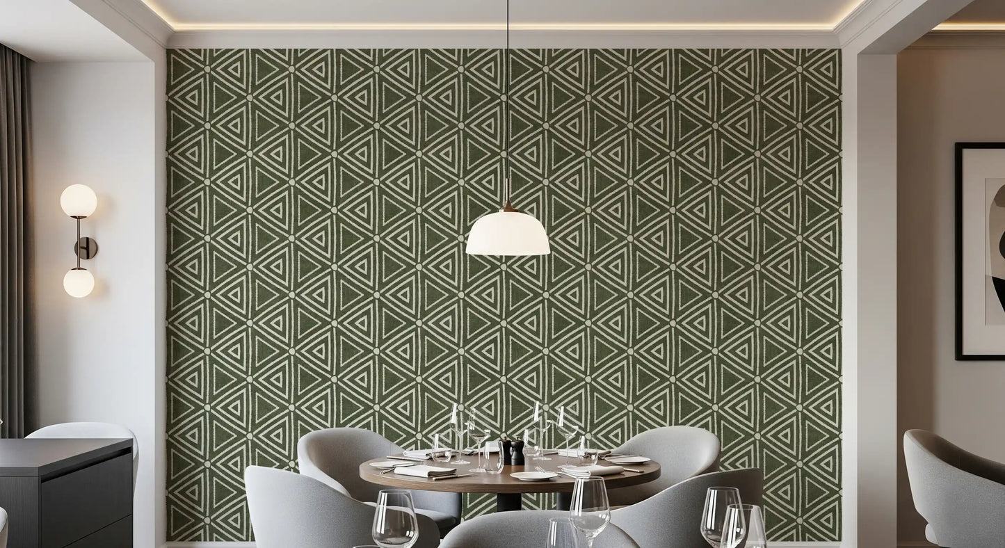 Textured Mudcloth Geometric Triangles Boho Moss Green Wallpaper⁠
