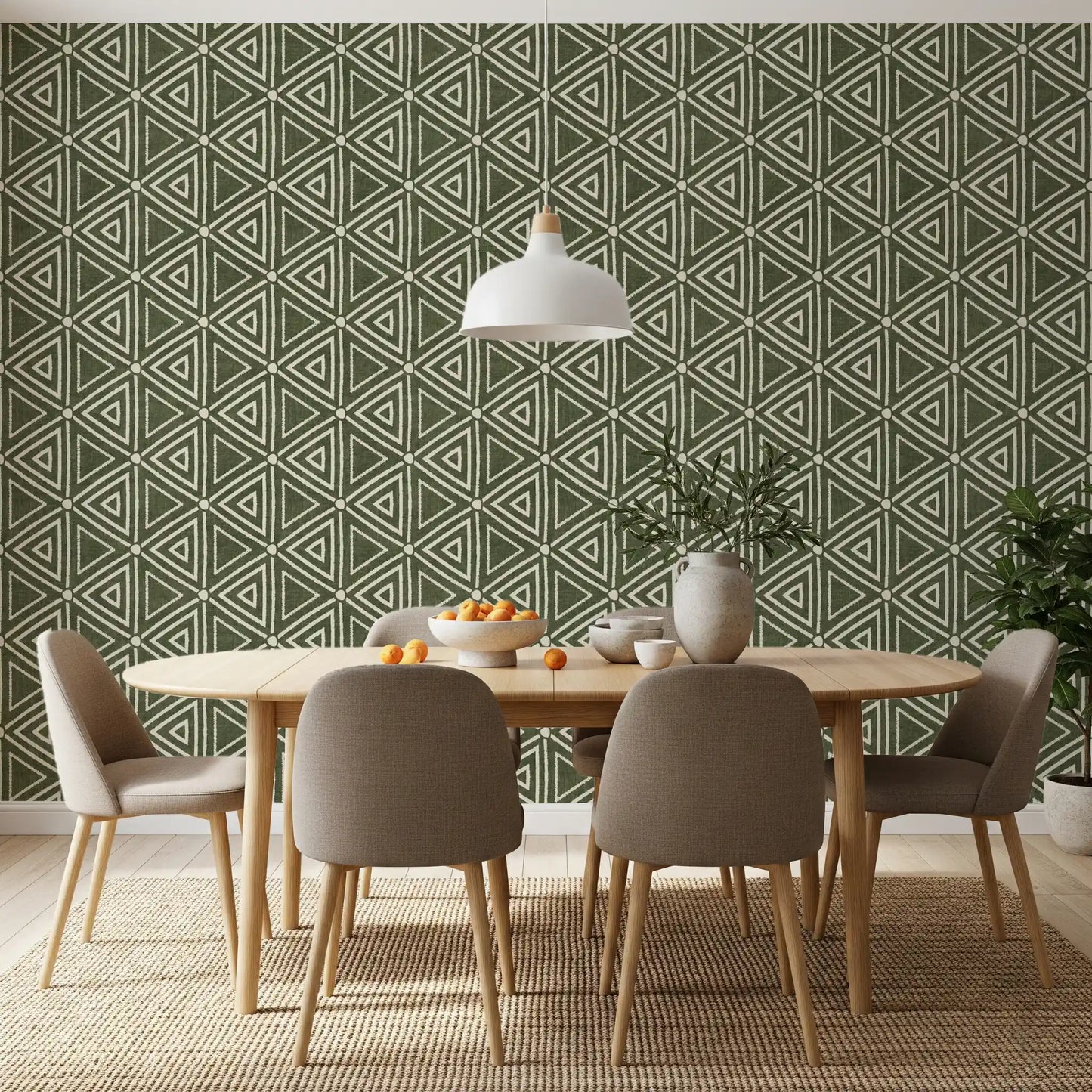 Textured Mudcloth Geometric Triangles Boho Moss Green Wallpaper⁠
