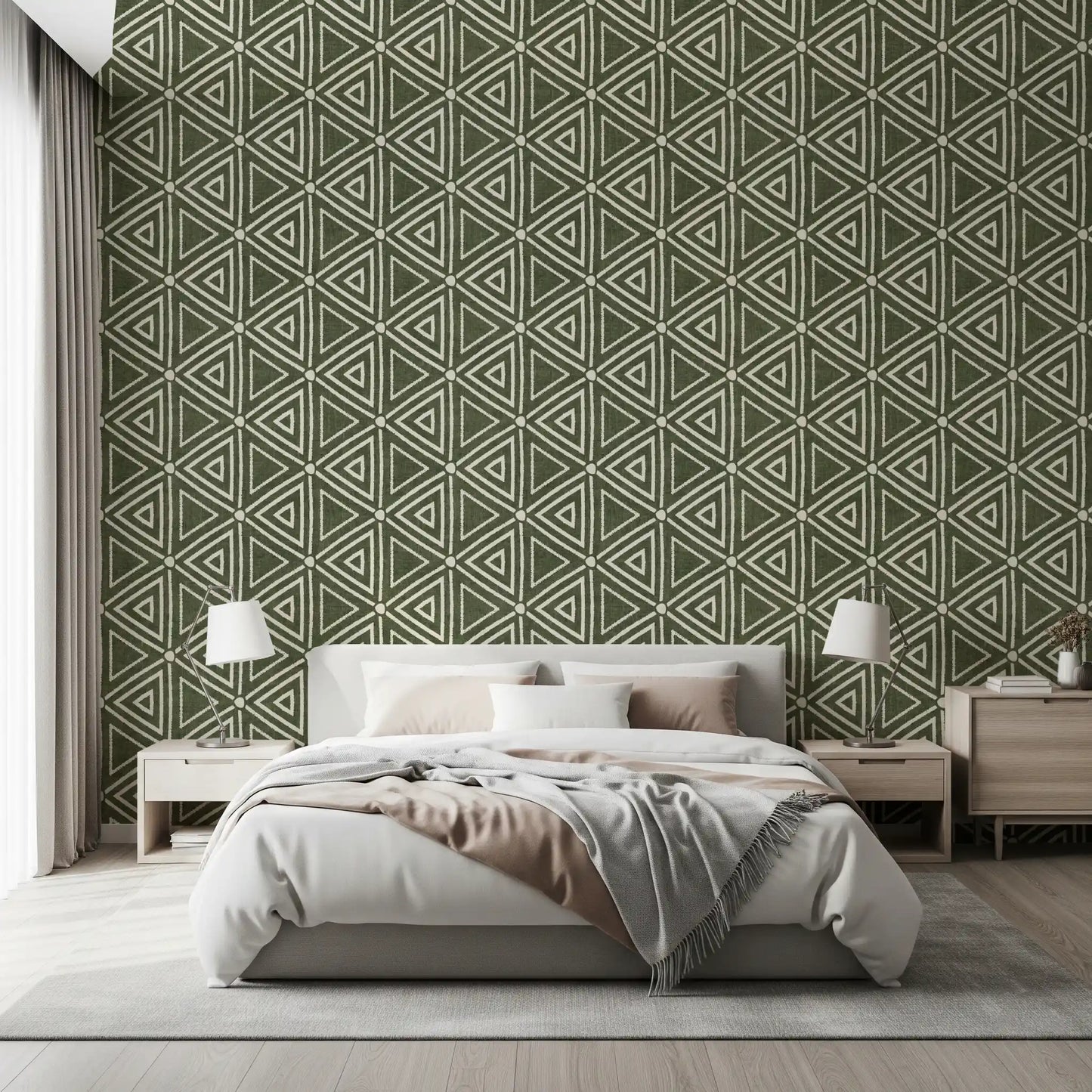 Textured Mudcloth Geometric Triangles Boho Moss Green Wallpaper⁠