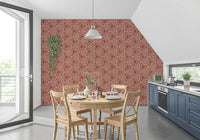 Kitchen-dining room Warm rust triangle wallpaper lining a narrow 