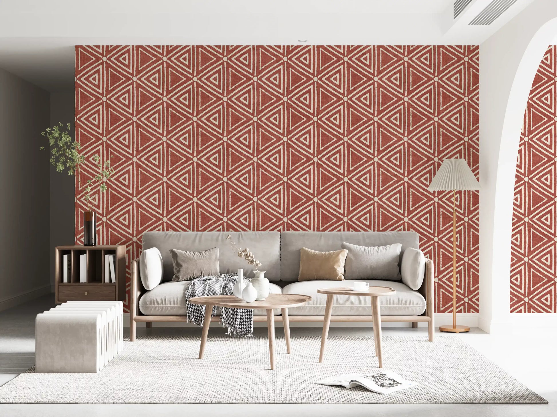 Earthy boho terracotta wallpaper set in a calm hallway 