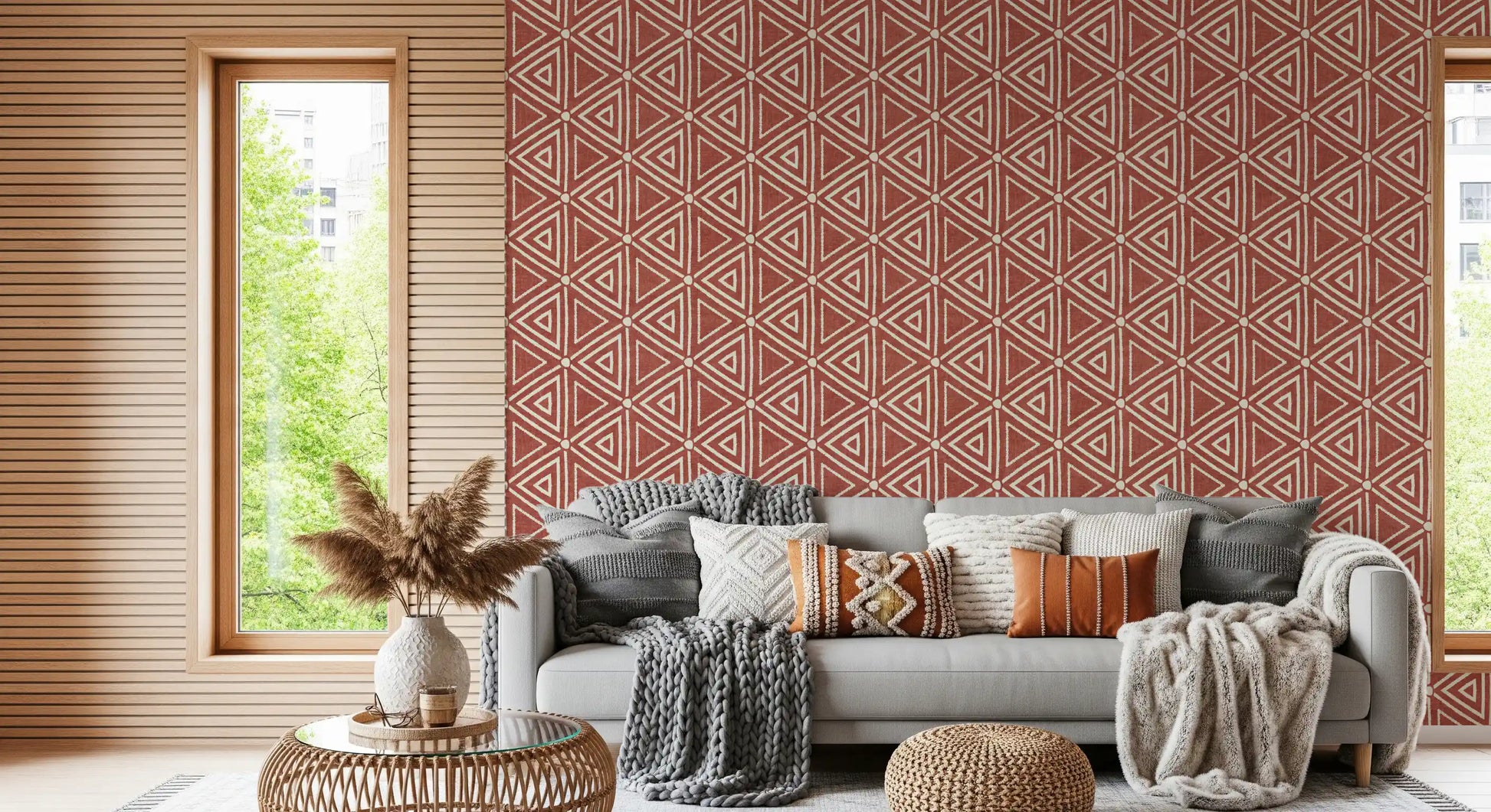 Small dots marking each triangle joint across the boho wallpaper