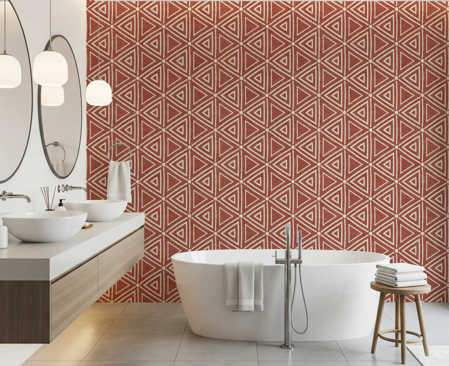 Terracotta mudcloth triangle wallpaper warming a clean bathroom