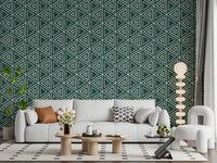 Matte cream linework keeps a Lounge area calm, shown here in Mudcloth Boho wallpape