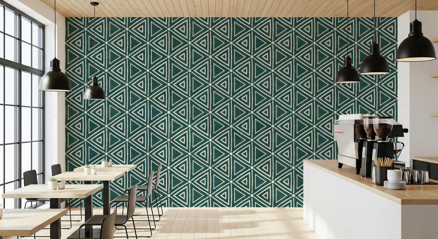 A faint linen grain sits behind the loose triangle motif of this Mudcloth Boho wallpaper